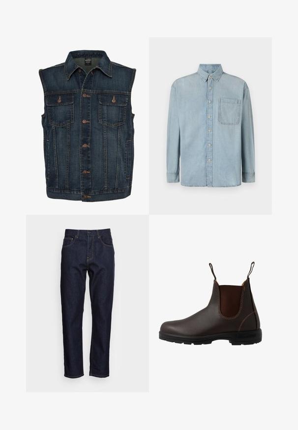 Veste en denim bleu foncé sans manches avec des boutons marron sur le devant et deux poches poitrine boutonnées.; Chemise en jean bleu clair à manches longues, avec un devant à boutons et une poche poitrine unique. Dispose d'un col classique et de poignets standards.; Jeans en denim bleu foncé avec une coupe droite, cinq poches et des coutures jaunes contrastées. Conçus avec une fermeture classique à bouton et à glissière.; Botte Chelsea en cuir marron avec panneau latéral élastique, coutures marron, languettes de tirage, et une semelle en caoutchouc durable avec un motif texturé.