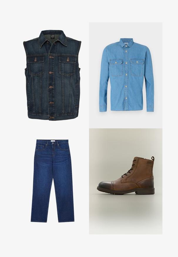 Veste en denim bleu foncé sans manches avec des boutons marron sur le devant et deux poches poitrine boutonnées.; Chemise en denim bleu clair à manches longues, fermeture à boutons sur le devant, deux poches poitrines, col pointu et boutons dorés. Texture lisse, design décontracté.; Jean en denim bleu foncé avec une coupe droite, équipé d'une fermeture boutonnée et à zip, de cinq poches et de détails de couture visibles.; Botte cheville en cuir marron à lacets avec bout noir, semelle ronde et détail de marque sur le côté sur fond uni.
