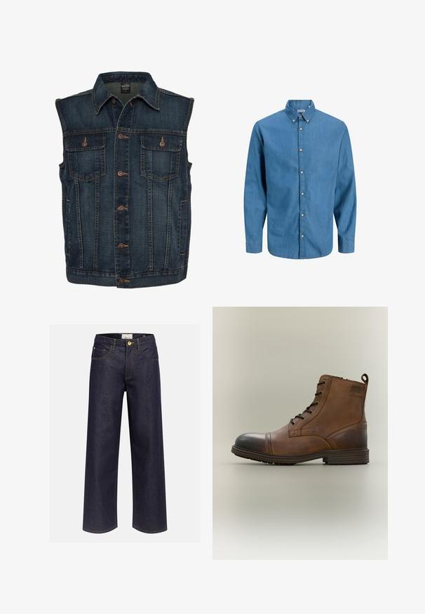 Veste en denim bleu foncé sans manches avec des boutons marron sur le devant et deux poches poitrine boutonnées.; Chemise bleue à manches longues en denim, avec un col. Texture unie avec des boutons visibles sur le devant.; Jean en denim bleu foncé à coupe large, taille haute, poches avant, passants de ceinture et coutures jaunes apparentes, présenté sur un fond uni.; Botte cheville en cuir marron à lacets avec bout noir, semelle ronde et détail de marque sur le côté sur fond uni.