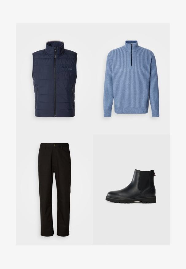 Gilet matelassé bleu marine avec col haut, fermeture éclair à l'avant, design matelassé horizontal et logo BOSS discret sur la poitrine. Deux poches latérales.; Pull en tricot côtelé bleu clair avec un col montant et une fermeture éclair partielle au niveau du cou ; il a des manches longues et un ourlet droit.; Pantalon en coton noir avec une coupe droite, des passants de ceinture, une fermeture éclair à l'avant et un seul bouton. Texture lisse sans motifs visibles.; Bottine noire en cuir avec des panneaux latéraux en élastique, bout rond et semelle en caoutchouc robuste avec de profonds crampons pour une meilleure adhérence.