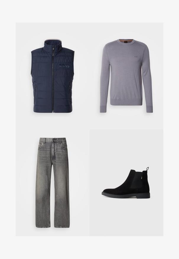 Gilet matelassé bleu marine avec col haut, fermeture éclair à l'avant, design matelassé horizontal et logo BOSS discret sur la poitrine. Deux poches latérales.; Pull en tricot violet clair avec un col rond, des poignets et un ourlet côtelés. Présente un petit logo brodé sur la poitrine. Texture lisse.; Jean à jambes larges en denim gris foncé avec une finition délavée. Dispose d'un design classique à cinq poches et de passants pour ceinture.; Bottines Chelsea en suède noir avec panneaux élastiques sur les côtés, bout rond et semelle en caoutchouc basse. Dotées d'une languette à l'arrière pour un enfilage facile.