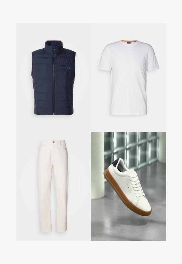 Marine blauwe puffer gilet met hoge kraag, frontale rits, horizontaal gestikte ontwerp en subtiele BOSS logo op de borst. Twee zijzakken.; Witte katoenen T-shirt met ronde hals, korte mouwen en een subtiel reliëflogo op de borst. Het binnenlabel heeft een oranje accent.; Spijkerbroek van wit denim met rechte pijpen, knoop- en ritsluiting, riemlussen en voor- en achterzakken, weergegeven op een effen achtergrond.; Witte lage sneaker met een bruine zool en een zwart hielstuk, zwevend boven een grijze vloer in een moderne binnenomgeving.