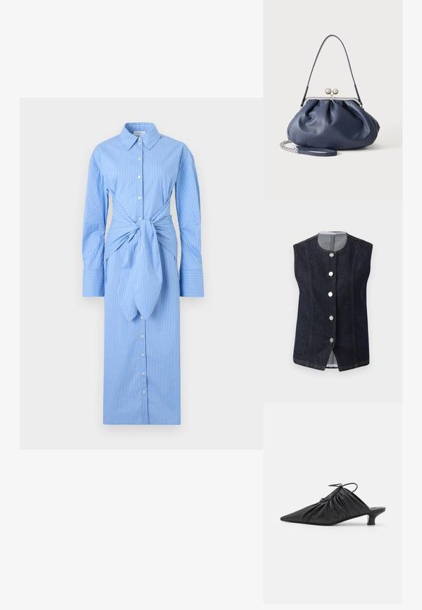 Chaleco de denim sin mangas de color azul oscuro con escote redondo y cinco botones metálicos en la parte delantera, que muestra un forro interior gris claro en el cuello.; Vestido camisa de rayas verticales azules y blancas con mangas largas, cierre de botones delantero y detalle de nudo anudado en la cintura.; Mules negros de cuero sin hebillas con punta afilada, textura recogida y un pequeño tacón de gato. Presentan un detalle de cordón en la abertura.; Bolso de mano de cuero azul marino suave con cierre de broche plateado, una correa de hombro y correa de cadena desmontable para la muñeca sobre fondo blanco.