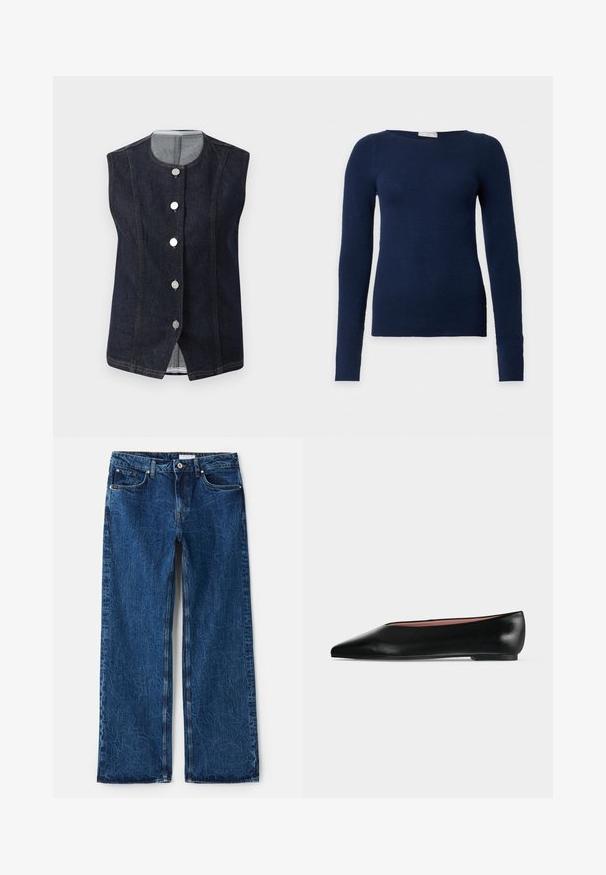 Dunkelblaues, ärmelloses Denim-Weste mit runder Ausschnitt und fünf metallischen Knöpfen auf der Vorderseite, die ein hellgraues Innenfutter am Kragen zeigen.; Marineblauer langärmeliger, figurbetonter Pullover mit rundem Ausschnitt und feiner Strickstruktur, auf weißem Hintergrund dargestellt.; Helle Beinform-Jeans aus dunkelblauem Denim mit strukturierter Oberfläche, ausgestattet mit fünf Taschen, Metallnieten und einem Knopfverschluss.; Schwarzer flacher Damenleder-Schuh mit spitzer Kappe und niedrigem Absatz, von der Seite auf einfarbigem hellgrauem Hintergrund gezeigt.