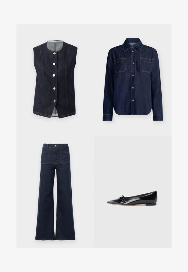 Mørkeblå denim vest uden ærmer med rund halsudskæring og fem metalliske knapper fortil, der viser en lys grå inderside ved kraven.; Mørkeblå denimskjorte med lange ærmer, knappet front, to brystlommer og kontrastsyninger på en ensfarvet lys baggrund.; Mørkeblå flagrende jeans lavet af denim med høj talje, der har to baglommer og kontrasterende syninger langs sømmene.; Sorte patentlæder flade sko med spids tå, lille dekorativ rem og lav blokhæl. Glat tekstur og strømlinet design.
