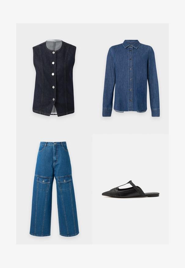 Mørkeblå denim vest uden ærmer med rund halsudskæring og fem metalliske knapper fortil, der viser en lys grå inderside ved kraven.; Mørkeblå denim skjorte med lange ærmer, knaplukning foran, klassisk krave og synlige sømme. Har en lige nederste kant med let bue i siderne.; VIDE-lags denim bukser i lyseblå, med høj talje, synlige sømme og to lommer med klap og knap på hver side.; Sort læderslyngeback sko med spids tå, der har en vævet detalje og en plisseret overdel. Flad sål med minimal hardware.