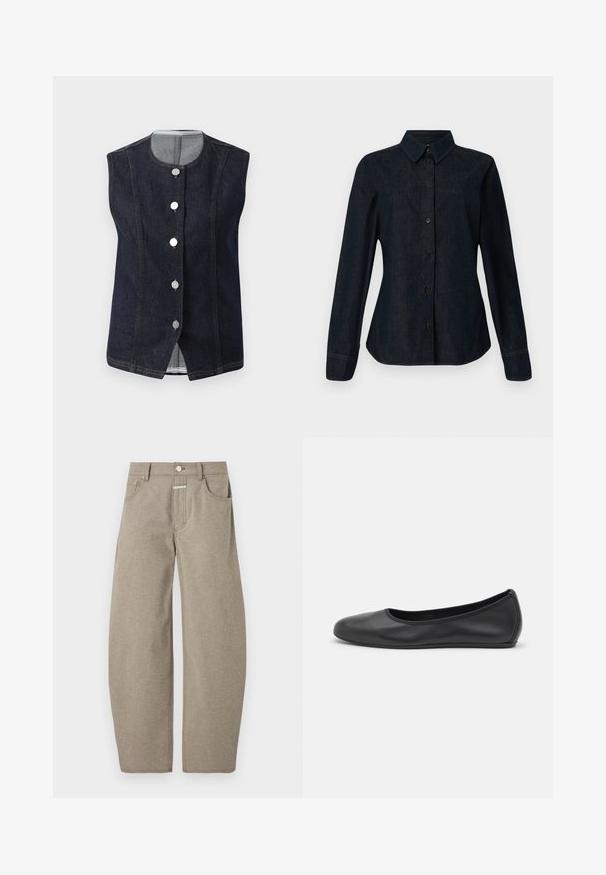 Donkerblauwe mouwloze denim vest met ronde halslijn en vijf metalen knopen aan de voorkant, met een lichtgrijze voering zichtbaar bij de kraag.; CLOSED SEAMING SHIRT - Overhemdblouse - dark blue; CLOSED JAZZIE - Relaxed fit jeans - silt grey; Zwarte leren ballerina met een ronde neus, gladde textuur, minimale stikdetails en een flexibele zoolontwerp.