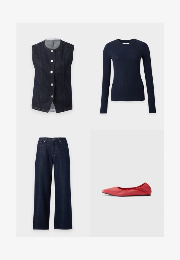Dunkelblaues, ärmelloses Denim-Weste mit runder Ausschnitt und fünf metallischen Knöpfen auf der Vorderseite, die ein hellgraues Innenfutter am Kragen zeigen.; Marineblauer, gerippter, enganliegender Strickpullover mit langen Ärmeln und rundem Ausschnitt auf schlichtem, hellem Hintergrund.; Dunkelblaue Jeans mit weitem Bein, Frontknopf, Reißverschluss, Gürtelschlaufen und sichtbaren gelben Nähten an Taschen und Nähten.; Filippa K REY FLATS - Klassischer Ballerina - bright red