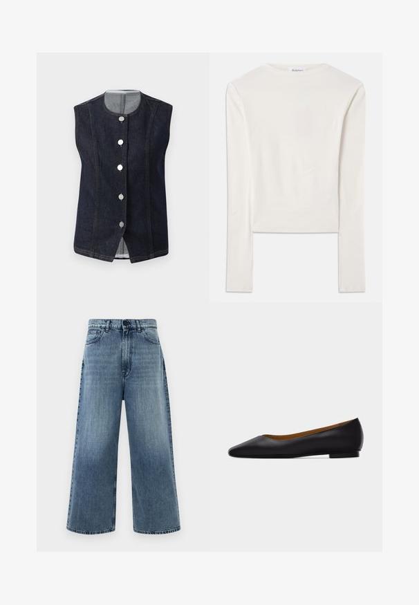 Mørkeblå denim vest uden ærmer med rund halsudskæring og fem metalliske knapper fortil, der viser en lys grå inderside ved kraven.; Hvid langærmet top lavet af bomuld, med en simpel rund hals og en slim fit. Stof er glat med en let stræk.; Lyseblå vide jeans lavet af denim, med høj talje, forlommer og klassisk syning. Ingen synlige dekorationer.; Sort læder flad sko med spids tå, lav hæl og glat finish, vist fra siden på en lysegrå baggrund.