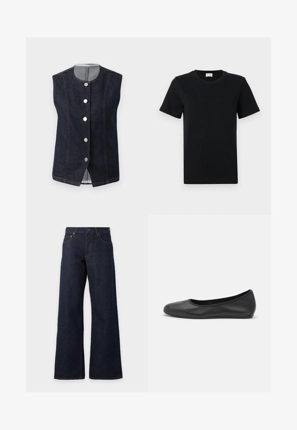Chaleco de denim sin mangas de color azul oscuro con escote redondo y cinco botones metálicos en la parte delantera, que muestra un forro interior gris claro en el cuello.; Camiseta de algodón negra de manga corta con cuello redondo, que presenta un sutil detalle de logo en la parte inferior delantera y un dobladillo recto.; Vaqueros azul oscuro de pierna ancha con bolsillos delanteros, trabillas para el cinturón, cierre de botón y costuras naranjas sobre un fondo blanco.; Bailarina de piel negra con punta redondeada, textura suave, detalle de costura minimalista y diseño de suela flexible.