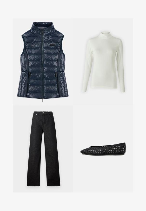 Mørkeblå ærmeløs quiltet puffer vest med høj krave, frontlynlås, to lynlåslommer og horisontale syninger.; Langærmet polokravebluse i lys creme, fremstillet af et glat, strækbart stof. Tætsiddende design med ribbet tekstur ved halsudskæringen.; Bredde sorte denim jeans præsenteret mod en ensfarvet hvid baggrund, med forlommer og en knappet talje.; Sort mesh flad sko med lukket tå og lav hæl, med åndbar vævet design og diskret side-logo.