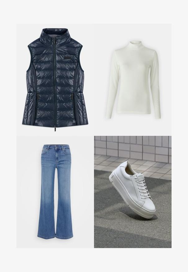 Marineblau ärmellose gesteppte Pufferweste mit hohem Kragen, Frontreißverschluss, zwei Reißverschlusstaschen und horizontalen Steppnähten.; Langärmliges Rollkragenoberteil in hellem Creme, aus einem glatten, dehnbaren Stoff hergestellt. Figurbetontes Design mit einem gerippten Textur am Kragen.; Weite Jeans in hellblauem Denim mit einem verblassten Finish, ausgestattet mit einem Reißverschluss, fünf Taschen und einem dezenten Waschungseffekt.; Weiße Leder-Sneaker mit einem Low-Top-Design, flachen Schnürsenkeln, runder Zehenform und strukturierten Seiten. Dicke Gummisohle mit dezenten Akzenten.