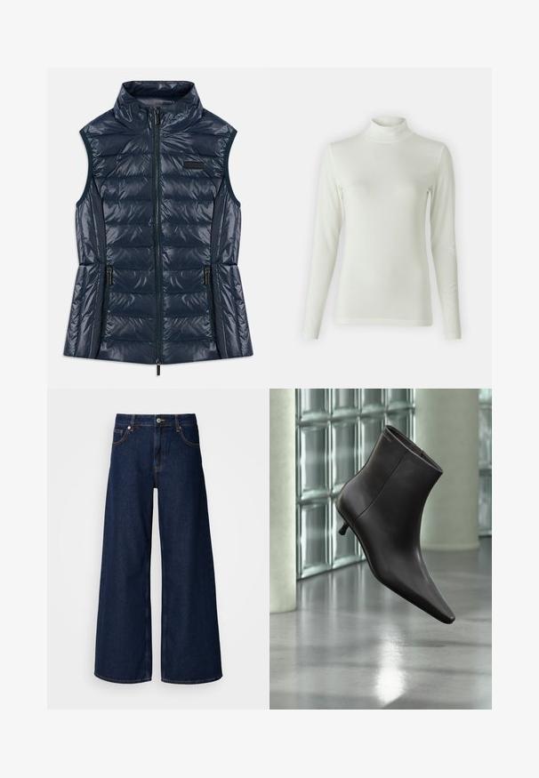Mørkeblå ærmeløs quiltet puffer vest med høj krave, frontlynlås, to lynlåslommer og horisontale syninger.; Langærmet polokravebluse i lys creme, fremstillet af et glat, strækbart stof. Tætsiddende design med ribbet tekstur ved halsudskæringen.; Bredde ben mørkeblå denimbukser med høj talje, frontlommer og knaplukning. Har kontrastsyninger og en glat tekstur.; Sort læderankelstøvle med spids tå og lille hæl vist mod en væg af glasblokke og poleret gulv baggrund.