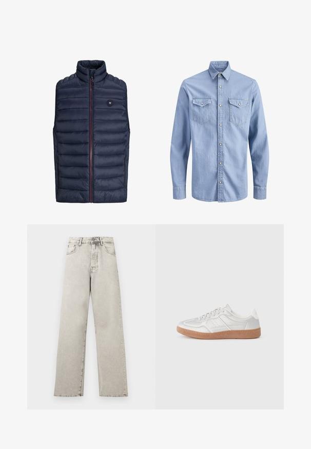 Mørkeblå puffer-vest med høj krave, lynlås lukning og røde detaljer. Har vandret quiltet mønster og sidelommer. Letvægtsmateriale.; Lyseblå denimskjorte med lange ærmer, trykknapper, spidst krave og to brystlommer med klap og knaplukning.; Lysegrå denimjeans med høj talje, lige ben, forlommer, bæltestropper samt knap- og lynlåslukning.; Sølv sneakers med en glat overflade, snørebånd, perforerede detaljer og en struktureret brun gummi sål.