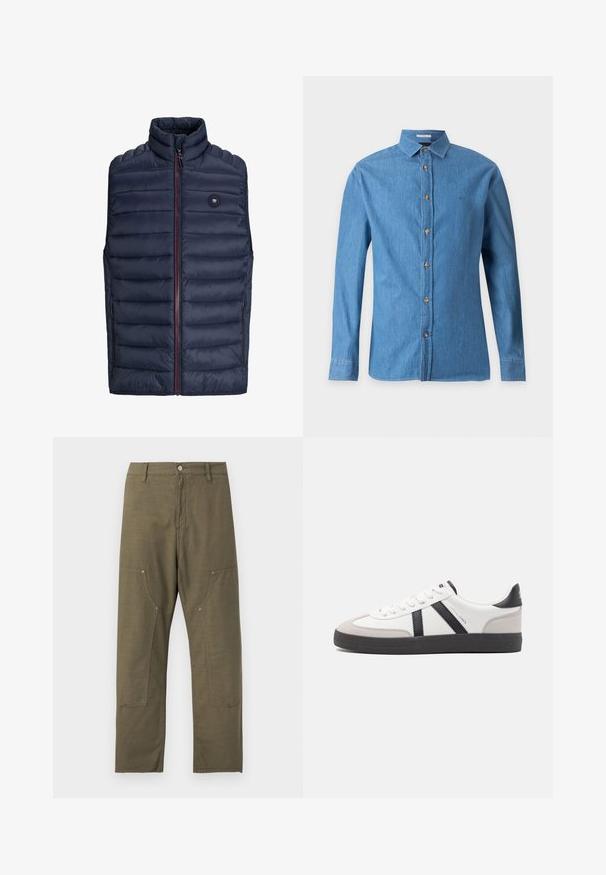 Mørkeblå puffer-vest med høj krave, lynlås lukning og røde detaljer. Har vandret quiltet mønster og sidelommer. Letvægtsmateriale.; Blå denim langærmet skjorte med krave og brune knapper foran, vist mod en ensfarvet lysegrå baggrund.; Olivengrønne bukser med lige ben, forlommer foran, bæltestropper, knaplukning og synligt sømdetalje.; Hvide sneakers med sorte og grå detaljer, med en tekstureret grå tåhætte, sort gummisål og flade hvide snørebånd. Rent design, minimalistisk stil.