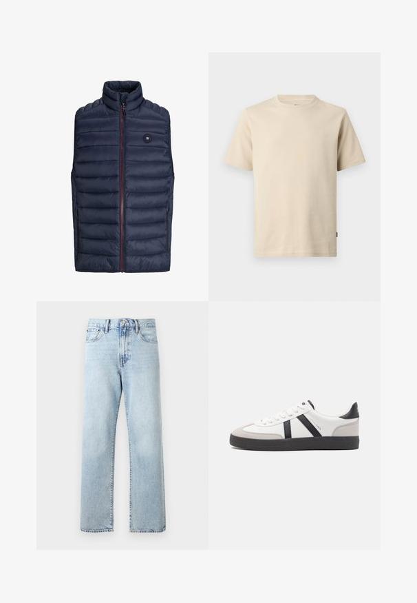 Mørkeblå puffer-vest med høj krave, lynlås lukning og røde detaljer. Har vandret quiltet mønster og sidelommer. Letvægtsmateriale.; Beige kortærmet bomulds-T-shirt med rund halsudskæring, minimal syning og en lille tonet logo på venstre bryst.; Lyseblå jeans med høj talje og lige ben, med forlommer, knaplukning og bæltestropper på en ensfarvet baggrund.; Hvide sneakers med sorte og grå detaljer, med en tekstureret grå tåhætte, sort gummisål og flade hvide snørebånd. Rent design, minimalistisk stil.