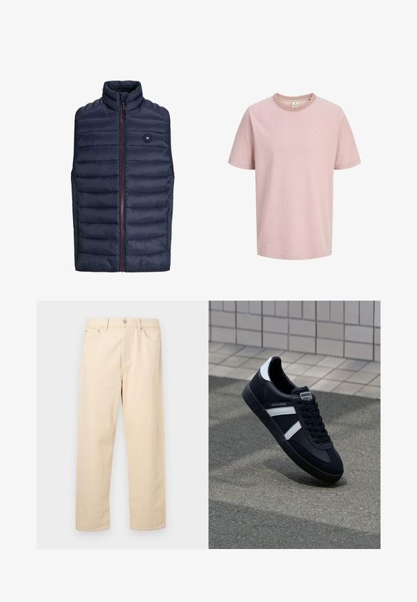 Mørkeblå puffer-vest med høj krave, lynlås lukning og røde detaljer. Har vandret quiltet mønster og sidelommer. Letvægtsmateriale.; Lys pink kortærmet T-shirt med rund hals, med et lille hvidt logo på venstre bryst og et enkelt, ensfarvet design.; Beige jeans med lige ben, lukkes med knap og lynlås, bæltestropper og forlommer på ensfarvet baggrund.; Sort lædersneaker med hvide striber, tekstureret gummisål og snørrebånd foran. Har et brandet mærke på tungen.
