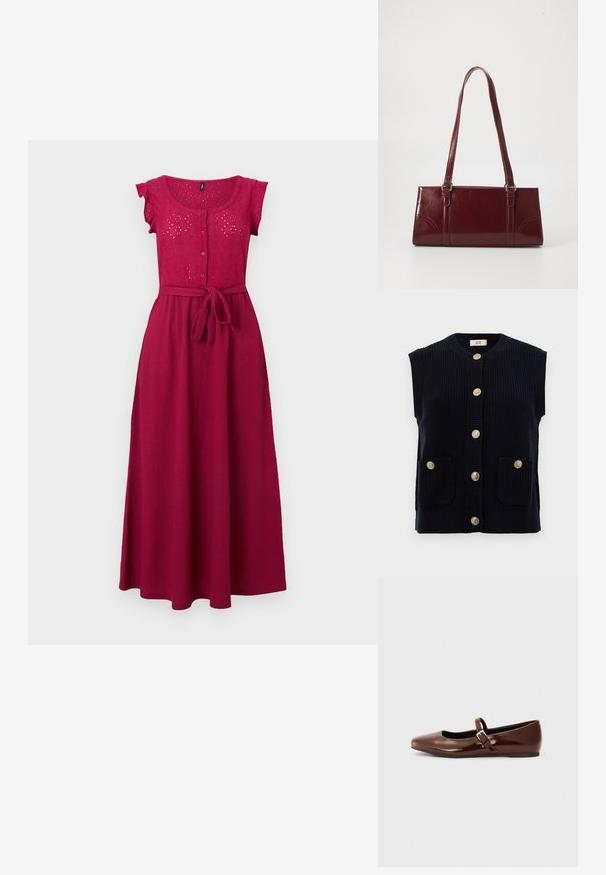 Gilet en tricot marine avec un col rond, des manches courtes et six boutons dorés. Comprend deux poches avant.; Robe midi fuchsia sans manches avec corsage en dentelle œillets, boutons sur le devant et ceinture en tissu nouée à la taille, sur un fond clair.; Ballerine en cuir verni marron avec un bout carré et une lanière ornée d'une petite boucle dorée. Texture lisse, talon bas et design minimaliste.; Sac à main bordeaux en matériau brillant, de forme rectangulaire, avec deux anses et des accents légèrement courbés à l'avant.