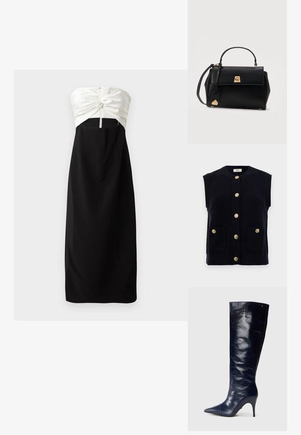 Marineblå strikket vest med rund hals, korte ærmer og seks gyldne knaplukninger. Har to forlommer.; Stropeløs kjole med en cremet satin overdel med knude-detail, parret med en sort, glat stofnederdel og en skjult bagside lynlås.; Marine læder knæhøj støvle, blank finish, spids tå, slank stiletto hæl, sømløst design, har en subtil guldaccent.; Sort læderhåndtaske med top-håndtag, klaplukning med guldtonet spænde og aftagelig skulderrem mod hvid baggrund.