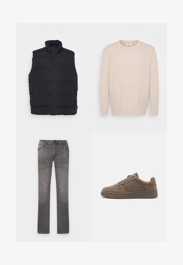 Sort puffervest med høj krave, frontlynlås og sidelommer. Glat tekstur med quiltet design for isolering.; Lys beige sweater med et tekstureret mønster, rund halsudskæring og lange ærmer. Ribbet manchetter og kant for en tætsiddende finish. Blødt materiale.; Grå straight-leg cowboybukser med klassisk fem-lomme-design og knaplukning, let falmede på lår- og knæområderne.; Call it Spring FRESHH - Sneakers - other grey