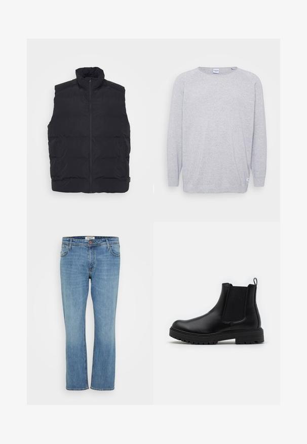 Sort puffervest med høj krave, frontlynlås og sidelommer. Glat tekstur med quiltet design for isolering.; Lys grå sweater med lange ærmer, rund halsudskæring og struktureret strik. Har et diskret spættet mønster og et lille mærke ved kanten.; Blå straight-leg denim jeans med knap- og lynlås, for- og baglommer samt synlig syning på hvid baggrund.; Zign by Zalando LEATHER - Støvletter - black