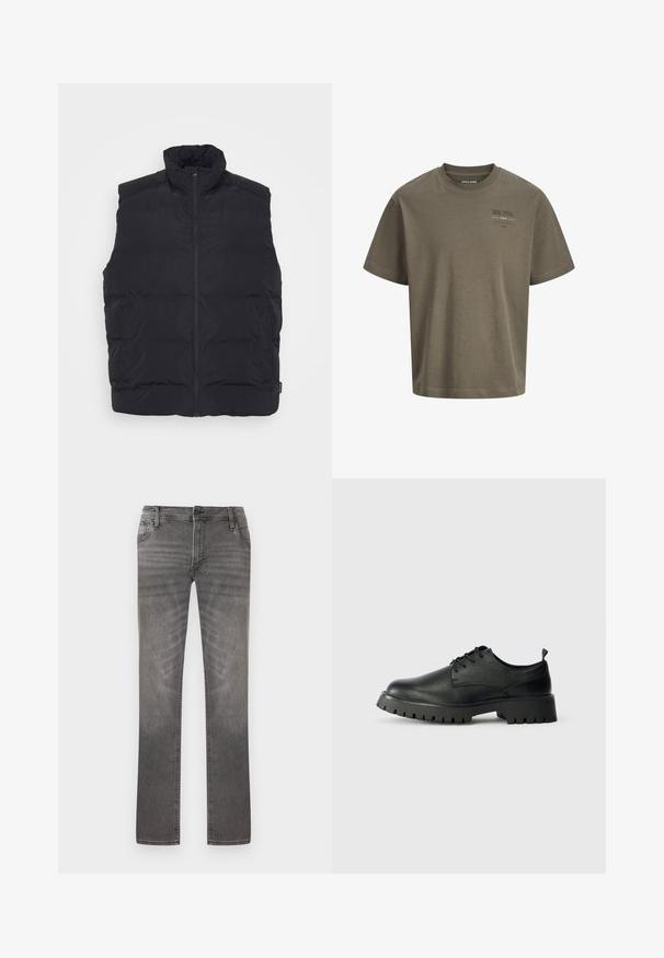 Sort puffervest med høj krave, frontlynlås og sidelommer. Glat tekstur med quiltet design for isolering.; Taupe kortærmet bomulds t-shirt med rund halsudskæring og lille trykt tekst på venstre bryst.; Grå straight-leg cowboybukser med klassisk fem-lomme-design og knaplukning, let falmede på lår- og knæområderne.; Sorte læder snøresko med rund tå, tekstureret overflade og kraftig gummisål med dybe riller for bedre greb.