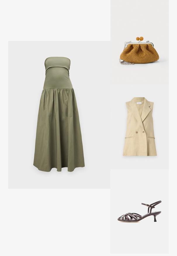 Beige linned løsslås blazer med klippakrage, dobbeltknaplukning og to forlommer. Glat tekstur.; Olivengrøn stropløs maxikjole med tætsiddende overdel og samlet, flydende nederdel, vist mod en lys grå baggrund.; Mørkebrun læder sandal med smalle remme, kitten heel og justerbar ankelrem med spænde på hvid baggrund.; Lille brun flettet clutch-pung med sølvmetalramme, to runde trælåse og en kort sølvkæderem på en hvid baggrund.