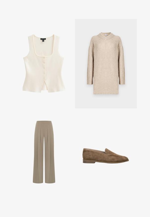 Crème-kleurige mouwloze top met een vierkante halslijn, vijf knopen aan de voorkant en een kleine middenopening aan de onderkant. Zachte stoftextuur.; Beige gebreide trui met een V-hals, lange mouwen en een ribbelstructuur. Losse pasvorm met een rechte snit, die de gezellige stijl en het comfort benadrukt.; Beige broek met hoge taille en wijde pijpen met plooien aan de voorkant, ontworpen voor een losse en ontspannen pasvorm.; Bruine suède instapsloffen met lage hak en afgeronde neus, zijaanzicht tegen een witte achtergrond.