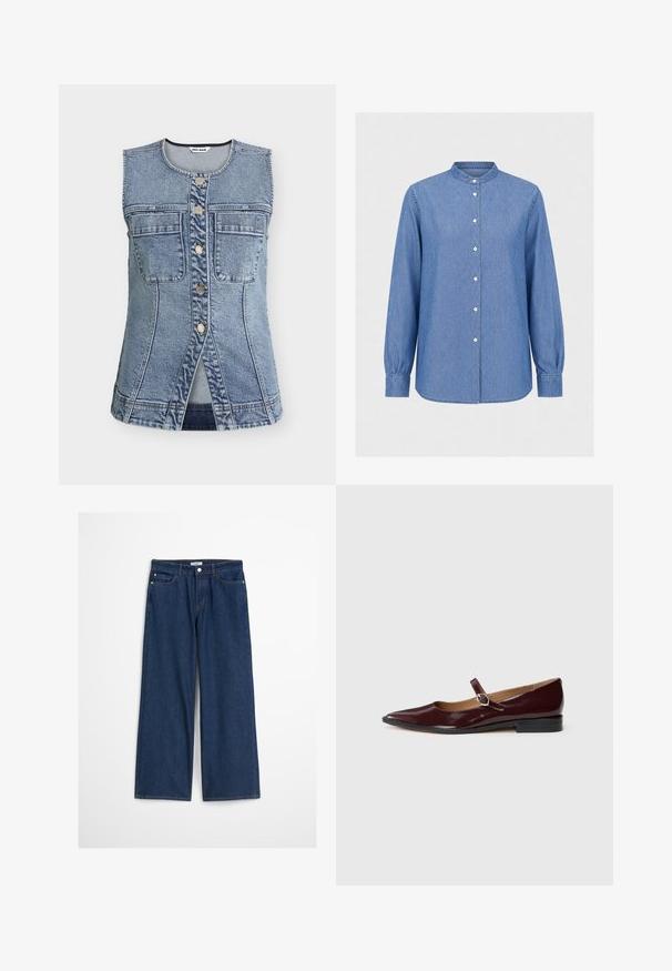 Veste en jean bleue sans manches avec fermeture boutonnée sur le devant, deux poches poitrine, col rond et détails de couture discrets.; Chemise en denim bleu à manches longues avec col mandarin et boutons sur le devant, avec poignets boutonnés et ourlet droit.; Jean large bleu foncé à taille haute, en denim. Comprend des poches avant, des passants pour ceinture, et une fermeture par bouton. Design classique.; Ballerines en cuir verni bordeaux de type Mary Jane avec un bout pointu, un talon plat et une sangle décorative avec une boucle circulaire.