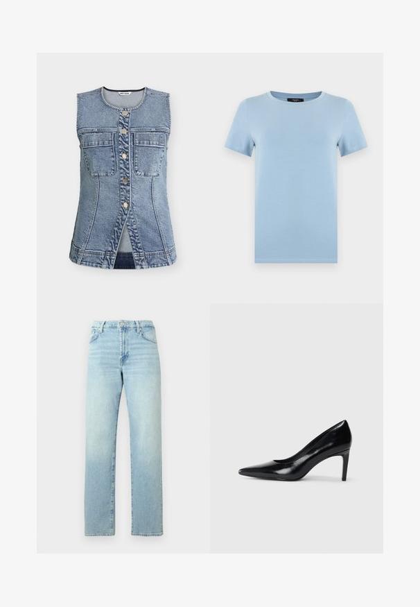 Veste en jean bleue sans manches avec fermeture boutonnée sur le devant, deux poches poitrine, col rond et détails de couture discrets.; T-shirt bleu clair à manches courtes et col rond avec une couture simple, présenté sur un fond blanc.; Jean en denim bleu clair avec une coupe droite, doté d'une fermeture par bouton, de passants pour ceinture et de détails délavés sur le tissu.; Chaussure à talon haut en cuir noir avec un bout pointu, texture lisse et un talon effilé. Design minimaliste, sans embellissements supplémentaires.