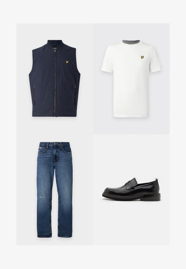 Chaleco sin mangas azul marino con cremallera frontal, dos bolsillos laterales y un pequeño logo de un pájaro amarillo en el pecho. Hecho de un material suave y ligero.; Camiseta blanca de algodón con cuello redondo, mangas cortas y ribete gris en el cuello; presenta un pequeño logotipo bordado en amarillo en el pecho.; Jeans de mezclilla azul con diseño de pierna recta. Presentan áreas desgastadas y ligero distress en la parte frontal, con un cierre clásico de botón.; Calvin Klein MOCCASIN - Mocasines elegantes - black