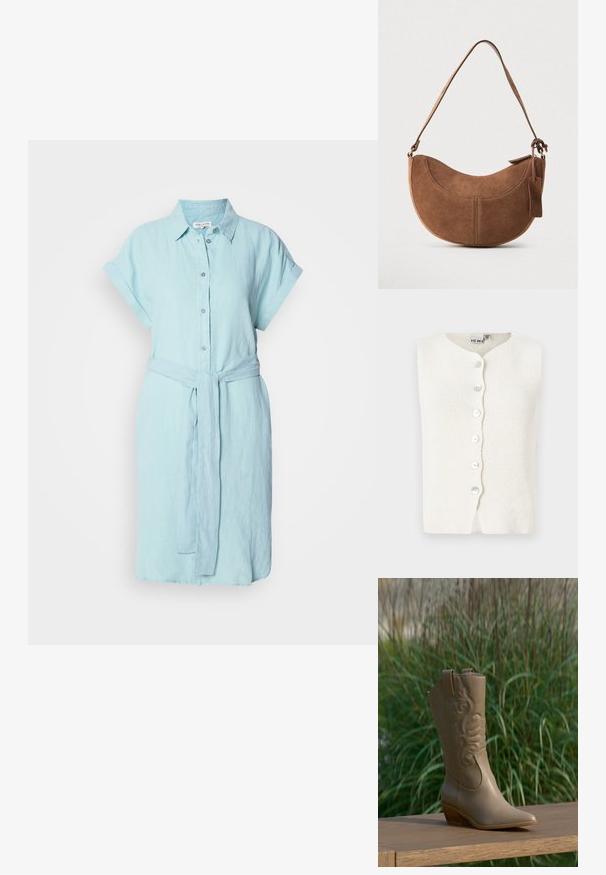 Chaleco de punto blanco con cuello redondo, presenta cinco botones en el delantero y una superficie texturizada. Sin mangas ni costuras visibles.; Vestido camisero de lino azul claro con mangas cortas dobladas, parte delantera de botones y un cinturón a juego en la cintura para un ajuste ajustable.; Bota vaquera de cuero color canela con diseño bordado y tacón de madera colocada sobre una superficie de madera con fondo de plantas verdes.; Bolso de ante marrón con forma curva de media luna. Cuenta con una correa para el hombro, una pequeña etiqueta y costuras visibles a lo largo de los bordes.
