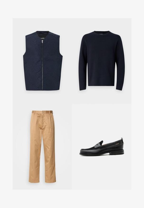 Marine vest met intrigerend geometrisch patroon, voorzien van een hoge kraag en een frontale rits. Gemaakt van een gestructureerde stof, lichtgewicht en mouwloos.; Marineblauwe trui, ronde hals, lange mouwen, gemaakt van zachte stof met een gladde textuur. Eenvoudig ontwerp, geen zichtbare patronen of hardware.; Khaki broek, katoenmix, recht model, voorplooien, riemlussen en knoopsluiting. Gladde textuur zonder patronen.; Zwarte leren loafer met grijs riemdetailelement, lage hak en gestructureerde zool, aan de zijkant gebrandmerkt met "HUGO" in goud.