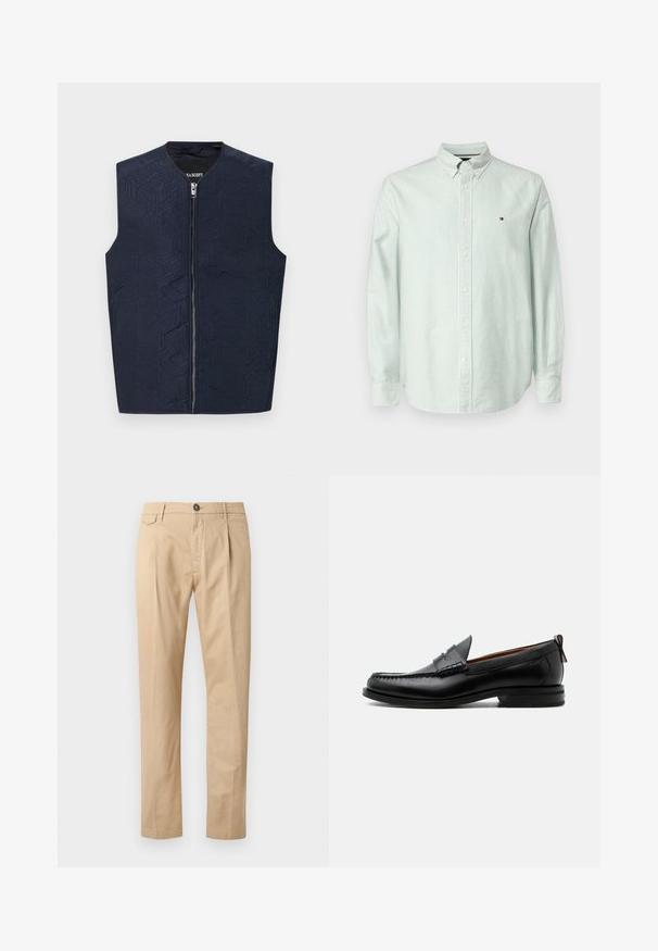 Chaleco azul marino con un intrincado patrón geométrico, que presenta un cuello alto y cremallera frontal. Fabricado en una tela texturizada, ligera y sin mangas.; Camisa de manga larga a rayas verde claro, con cuello button-down, presenta botones blancos y un pequeño logotipo en el pecho. Tejido de algodón suave.; Pantalones beige de algodón de pierna recta para hombre con bolsillos frontales, pasadores para cinturón, cierre de botón y cremallera, sobre un fondo blanco.; Mocasín de hombre de piel negra con costura moc toe, tira penny, cuello texturizado y tacón bajo apilado sobre fondo blanco.