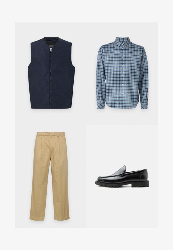 Marine vest met intrigerend geometrisch patroon, voorzien van een hoge kraag en een frontale rits. Gemaakt van een gestructureerde stof, lichtgewicht en mouwloos.; Button-down shirt van geweven katoen, blauw en zwart geruit patroon, lange mouwen, kraag, witte knopen en verstelbare manchetten.; Beige katoenen broek met een recht toegevoegde pasvorm, voorzien van voorplooien en zijzakken. De stof heeft een gladde, zachte textuur.; Zwarte leren loafer met dikke rubberen zool, gestikte bovenkant en gegraveerde merknaam op de hiel, zijaanzicht op witte achtergrond.