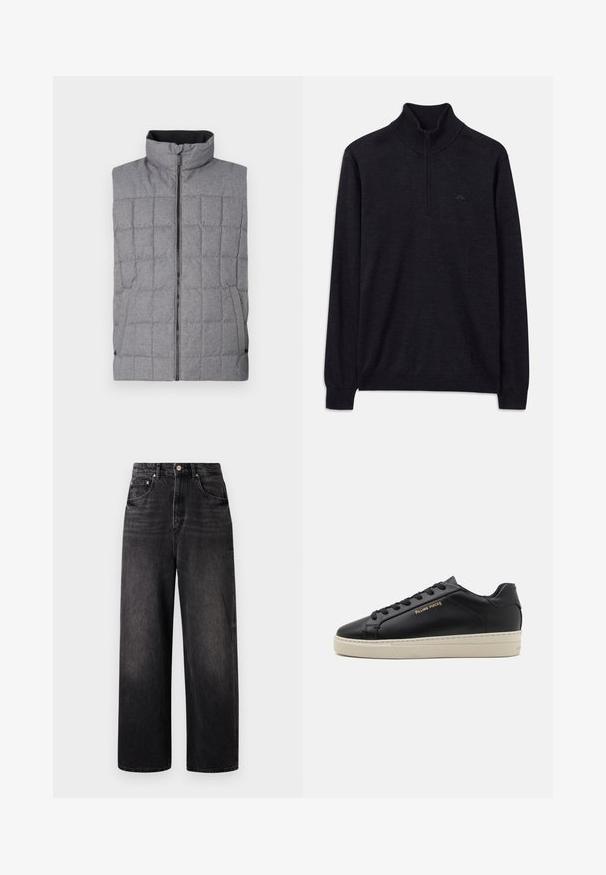 Grå quilted vest med høj krave, frontlynlås og sidelommer. Har et struktureret stof med et gittermønster og elastiske detaljer.; Sort langærmet sweater med ribbet høj krave og halv lynlås, med et subtilt logo på venstre bryst.; Sorte denim jeans med løstsiddende pasform, høj talje, fem lommer og synlig knaplukning. Har diskret falmning og lige ben design.; Sorte lædersneakers med en glat finish, kontrasterende cremefarvet sål, rund tå, guld logo på siden og seks huller til snørebånd.