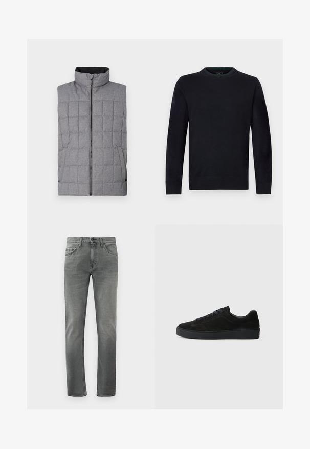 Grå quilted vest med høj krave, frontlynlås og sidelommer. Har et struktureret stof med et gittermønster og elastiske detaljer.; Mørkeblå crewneck-trøje lavet af blødt strikstof, med ribbede manchetter og kant for en tætsiddende pasform, samt et subtilt logodetalje nederst.; Grå slim-fit jeans med frontlommer og knaplukning, vist på en hvid baggrund.; Sort semsket sneakers med en flad, tekstureret sål, rund tå, seks snørrehuller og et minimalistisk design.