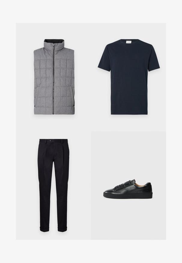 Chaleco acolchado gris con cuello alto, cierre frontal y bolsillos laterales. Presenta un tejido texturizado con un patrón de rejilla y acentos elásticos.; Camiseta de manga corta azul marino hecha de algodón suave. Presenta un escote de barco y un diseño simple y limpio, sin patrones ni acentos.; Pantalones negros a medida fabricados con una tela suave, con un frente liso, dos pliegues frontales y dobladillos con vuelta para un aspecto limpio y estructurado.; Zapatilla negra de cuero con una textura suave, puntera redonda y cierre de cordones. Presenta una suela de goma gruesa y un detalle de marca mínimo.