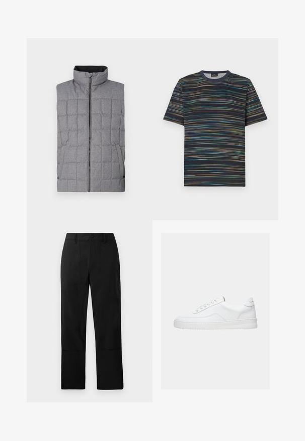Grå quilted vest med høj krave, frontlynlås og sidelommer. Har et struktureret stof med et gittermønster og elastiske detaljer.; Kortærmet T-shirt lavet af bomuld, med en marineblå base og flerfarvede horisontale striber samt rund halsudskæring.; Sorte bukser lavet af et glat stof, med flad front, to forlommer og lige ben med diskrete syninger detaljer.; Hvid lavt sneaker med snørelukning, glat læderoverdel og tyk sål, vist fra siden på en ensfarvet baggrund.