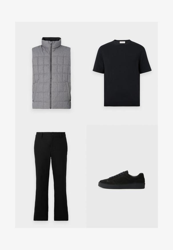 Grå quilted vest med høj krave, frontlynlås og sidelommer. Har et struktureret stof med et gittermønster og elastiske detaljer.; Sort kortærmet t-shirt med rund hals og ribbet kant forneden og på ærmerne, ensfarvet design, vist mod en hvid baggrund.; Sorte flagrende bukser lavet af en blanding af bomuldsstof, med knaplukning, bælteløkker og en glat tekstur uden synlige mønstre.; Sort semsket sneakers med en flad, tekstureret sål, rund tå, seks snørrehuller og et minimalistisk design.