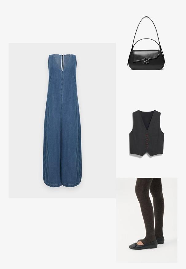 Heren vest in antracietgrijs met een diepe V-hals, vijf bruine knopen en een strakke, gladde textuur. Heeft een zwarte voering aan de achterkant.; Mouwloze spijkerjurk met een diepe V-hals, volledige lengte en plooien aan de zijkant. Afgewerkt met nette randen en een centrale knopenrij.; Benen met donkere geribbelde leggings gecombineerd met zwarte ballerina's met kleine strikdetails op een witte achtergrond.; Zwarte leren schoudertas met een gebogen klep die is bevestigd met een ronde metalen sluiting en een smalle, verstelbare band.