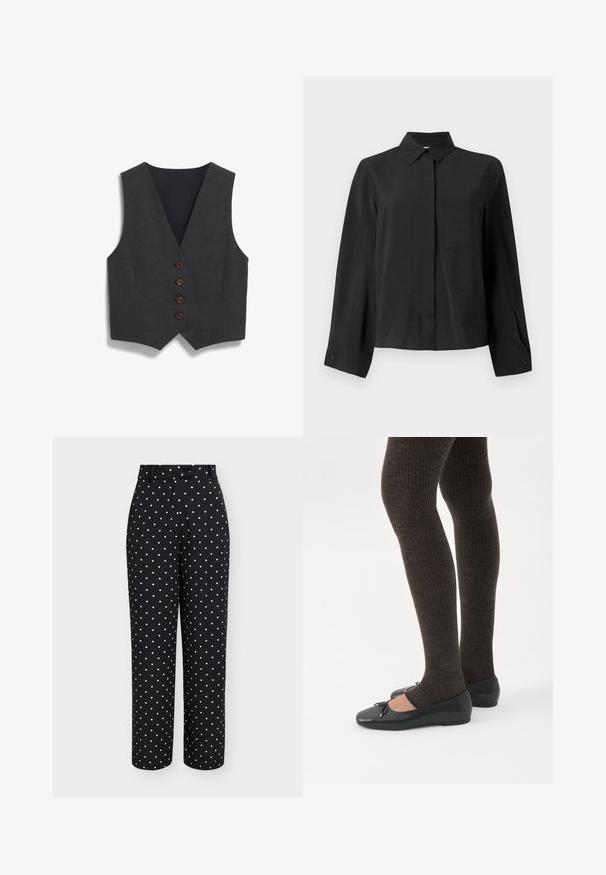 Heren vest in antracietgrijs met een diepe V-hals, vijf bruine knopen en een strakke, gladde textuur. Heeft een zwarte voering aan de achterkant.; Zwarte overhemddrag met een scherpe kraag, lange mouwen, een enkele borstzak en een gestructureerde stof. Heeft een recht model en details op de manchet.; Zwarte high-waist rechte broek met witte polkadots en een bijpassende stoffen riem in de taille.; Benen met donkere geribbelde leggings gecombineerd met zwarte ballerina's met kleine strikdetails op een witte achtergrond.