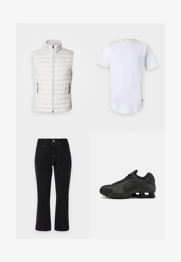 Witte donzen vest met een hoge kraag, verticale stiksels, een rits aan de voorkant en twee zijzakken, met een strakke, gladde textuur.; Witte katoenen t-shirt met korte mouwen. Rond de hals ontwerp met een gebogen zoom. Label zichtbaar aan de onderste linkerzijde. Gladde textuur.; Zwarte denim jeans met een rechte pasvorm, vijf zakken en metalen hardware met koperen accenten. Gladde textuur en een gemiddelde taillehoogte.; Zwarte hardloopschoenen met een glad bovenwerk van synthetisch materiaal, geperforeerde accenten, gestructureerde zijpanelen en een opvallende veerkrachtige zool.