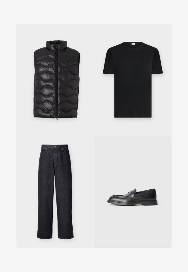 Veste sans manches matelassée noire avec col montant, fermeture zippée à l'avant et petit patch logo jaune sur la poitrine gauche.; T-shirt noir en coton côtelé à manches courtes avec col rond et petite étiquette blanche à l'intérieur du col.; Jean en denim noir, taille haute et jambes droites, avec fermeture à boutons et poches avant, présenté sur un fond clair uni.; Mocassins en cuir noir avec une finition texturée, dotés d'une bride décorative à l'avant et d'un bout arrondi. Semelle en caoutchouc pour plus de durabilité.