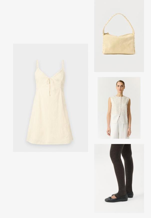 Femme à la peau claire et aux yeux bleus portant un gilet blanc sans manches texturé à motifs floraux et boutonné, ainsi qu’un pantalon blanc assorti, sur un fond uni.; Robe sans manches couleur crème avec fines bretelles, bordure en dentelle le long du décolleté et un petit nœud à l'avant.; Jambes portant des leggings côtelés foncés associés à des ballerines noires avec de petits détails en nœud sur fond blanc.; Petit sac à main en cuir beige avec une seule bandoulière et des clous argentés le long des bords et de la bandoulière, posé sur un fond uni.