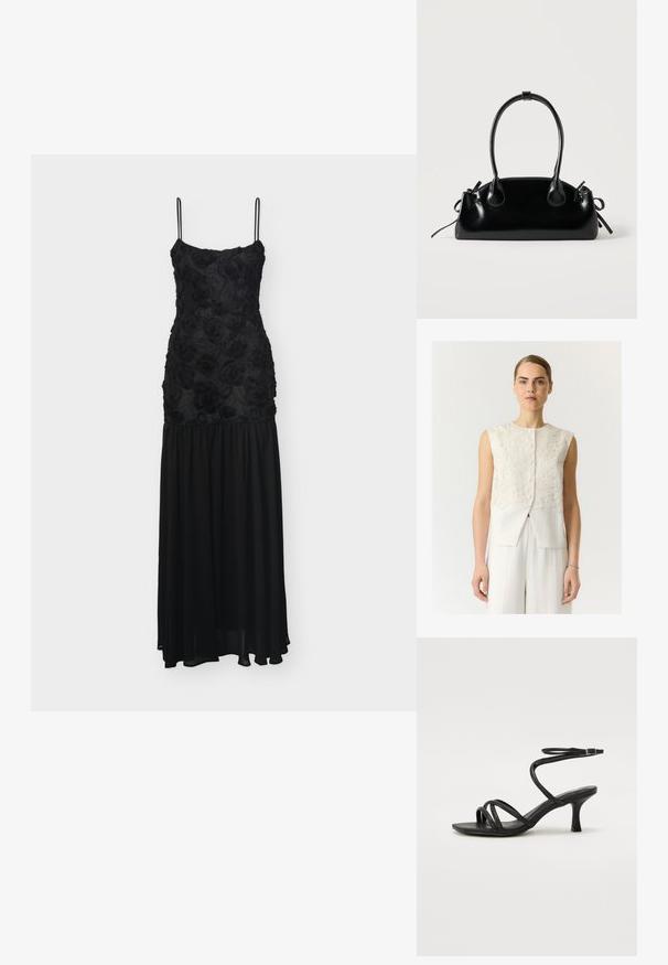 Femme à la peau claire et aux yeux bleus portant un gilet blanc sans manches texturé à motifs floraux et boutonné, ainsi qu’un pantalon blanc assorti, sur un fond uni.; Robe noire longue jusqu'au sol avec fines bretelles, corsage texturé à motifs floraux et jupe fluide en chiffon.; Even&Odd Wide Fit by Zalando Sandales - black; Petit sac à main noir brillant avec deux longues anses et des détails à cordon sur les côtés sur un fond clair uni.
