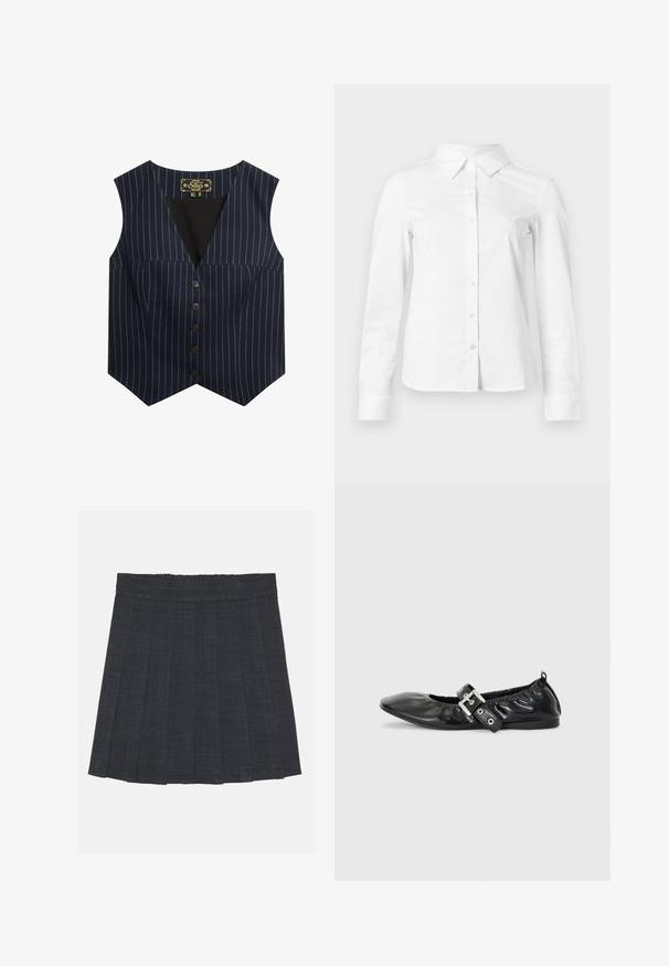 Marine vest met witte streepjes, zonder mouwen, V-hals en zes bruine knopen aan de voorkant, gemaakt van een gladde stof.; Witte blouse met lange mouwen en knopen, met puntige kraag, rechte zoom en aansluitende silhouet, weergegeven op een effen lichte achtergrond.; Donkergrijze plisséstofrok met een elastische tailleband, gekenmerkt door een gestructureerde stof en een klassieke A-lijnsilhouet. Geschikt voor casual gebruik.; Zwarte leren platte schoen met een spitse neus, geplooide details rond de opening en een zilveren gespaccentueerde verstelbare band.