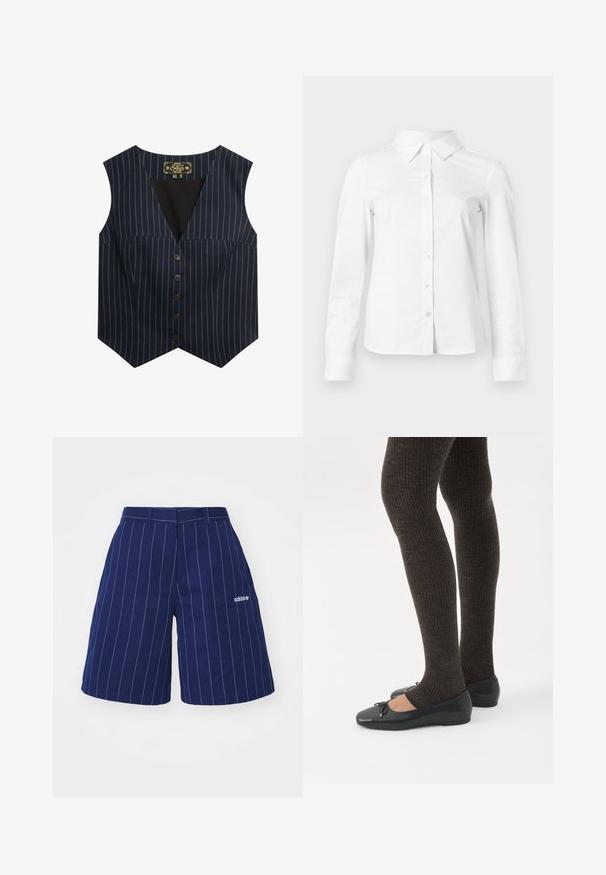 Marine vest met witte streepjes, zonder mouwen, V-hals en zes bruine knopen aan de voorkant, gemaakt van een gladde stof.; Witte blouse met lange mouwen en knopen, met puntige kraag, rechte zoom en aansluitende silhouet, weergegeven op een effen lichte achtergrond.; Marineblauwe shorts met witte verticale strepen, gemaakt van katoen, met een tailleband met riemlussen en een geborduurd logo op de linker zoom.; Benen met donkere geribbelde leggings gecombineerd met zwarte ballerina's met kleine strikdetails op een witte achtergrond.