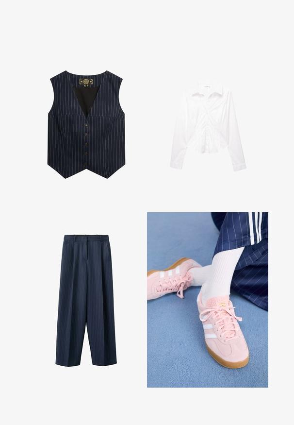 Marine vest met witte streepjes, zonder mouwen, V-hals en zes bruine knopen aan de voorkant, gemaakt van een gladde stof.; Witte blouse met lange mouwen, knoopsluiting, kraag, slim fit en manchetten, plat liggend op een witte achtergrond weergegeven.; Marineblauwe wijde broek met krijtstreep, voorzien van lussen voor een riem en zijzakken, met een frontplooi en ritssluiting.; Lichtroze suède sneakers met witte strepen en veters, voorzien van een gestructureerde tong en een gumzool, geplaatst op een blauwe tapijt.
