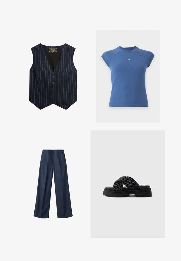 Marinestribet vest med hvidt, sans ærmer, V-hals og seks brune knapper foran, lavet af en glat stof.; Blå kortærmet ribstrikket top med rund halsudskæring og hvid Nike swoosh-logo centreret på brystet.; Mørkeblå vidde bukser med forreste folder og sidelommer, lavet af denim-lignende stof.; Sort platform slip-in sandal med tykke flettede krydsstropper og robust ridsål, vist i profil mod ensfarvet baggrund.